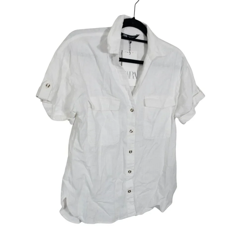 Zara White Button Down Short Sleeve Top SZ S Gold Buttons Front Pockets - Picture 2 of 11